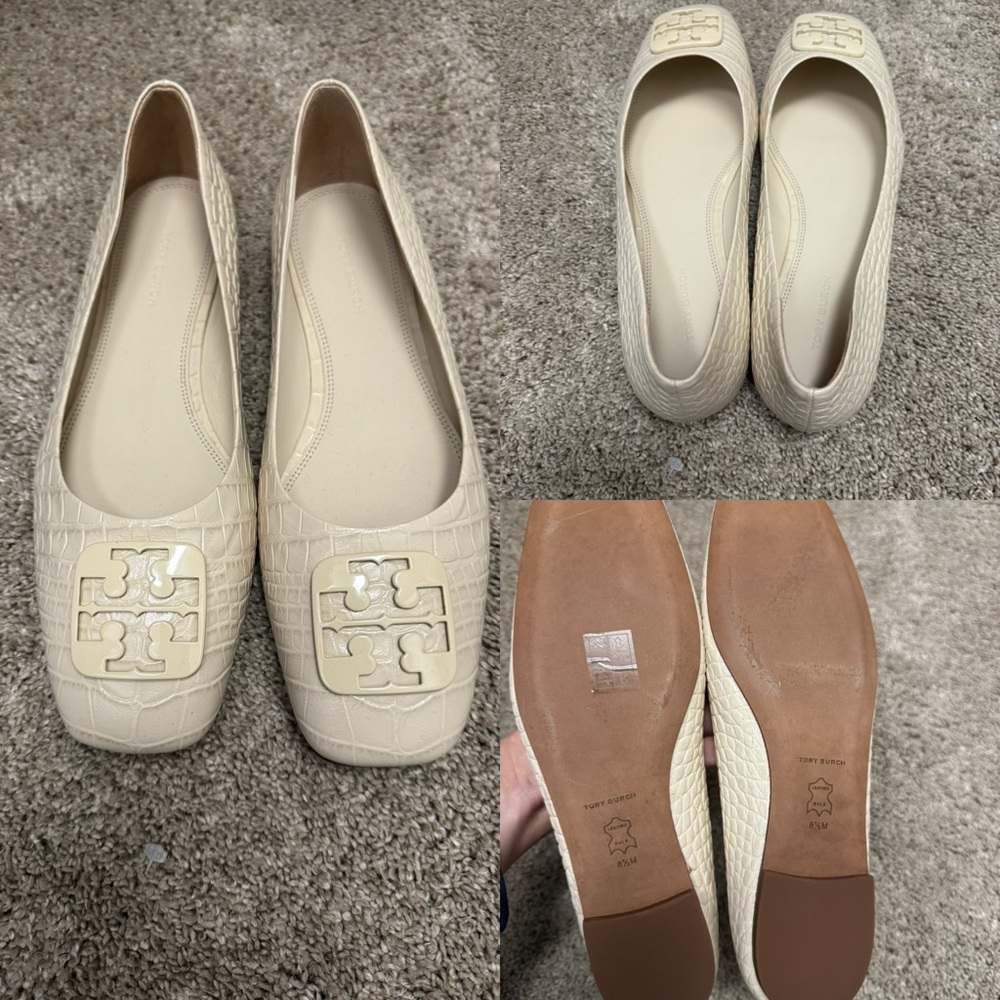 NEW STUNNING Cream Tory Burch Georgia Square Toe embossed Leather flats
